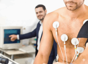 Pessoa realizando exame cardiológico com dispositivo médico no peitoral
